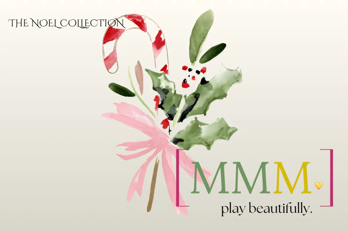 The Noel Collection — a watercolor candy cane, holly and pink ribbon beside the mmmahjong mark, &ldquo;play beautifully.&rdquo;